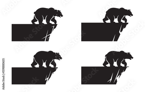 Silhouette of a bear walking on a cliff edge isolated on white background