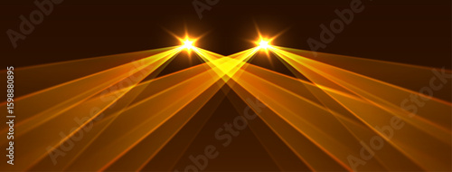 Orange lasers background., glowing rays or neon beams, bright futuristic backdrop. Concert or nightclub spotlights. Vector illustration.