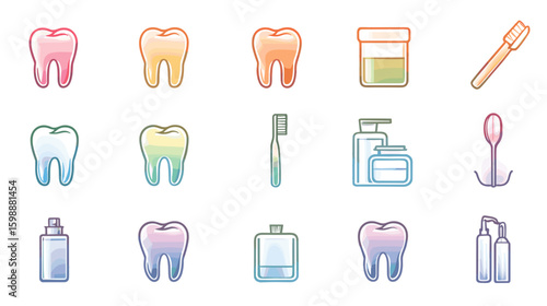 Watercolor illustration of teeth, toothbrushes, and dental hygiene products on a white background on transparent background