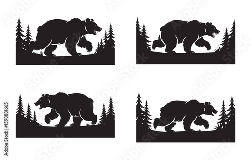 Silhouette set depicting powerful grizzly bears walking through forest landscapes in black
