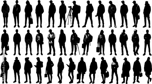 Vector silhouettes men and women, illustration. Silhouettes of young people posing in casual clothes. EPS version.