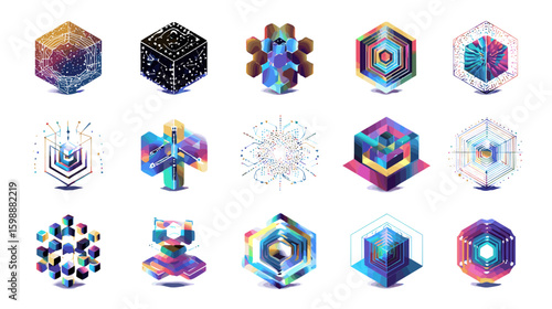 Collection of fifteen abstract geometric shapes with iridescent colors and complex internal structures displayed on transparent background
