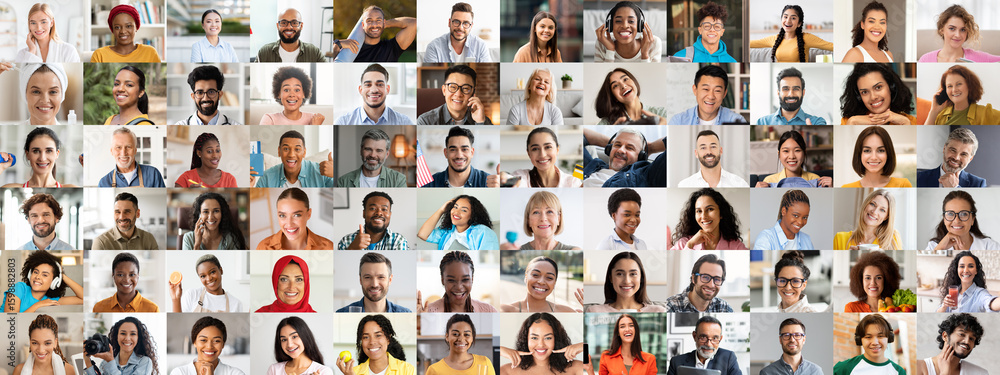 Fototapeta premium A vibrant collection of happy faces showcasing a diverse group of individuals from various backgrounds. Each person expresses joy, emphasizing unity and shared experiences in a lively setting.