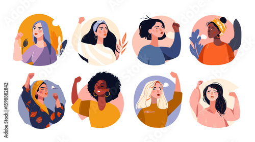 Diverse group of women raising their fists in solidarity and empowerment with varied cultural backgrounds on transparent background