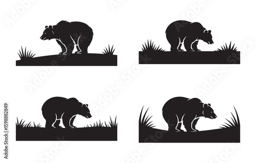 Silhouettes of grizzly bears in various poses with minimalistic forest backgrounds