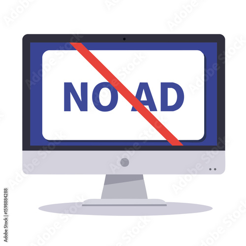 Vector illustration of monitor with no ad sign on white background, adblock concept