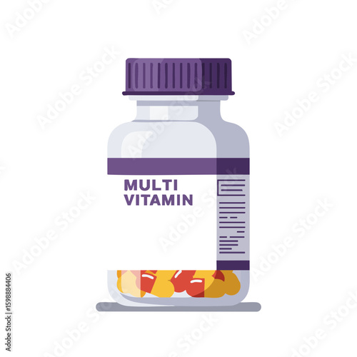 Vector illustration of multivitamin bottle supplement on white background, health product