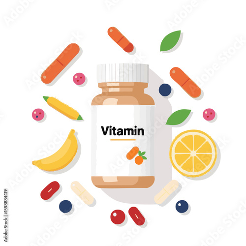Vector illustration of multivitamin bottle supplement on white background, health product