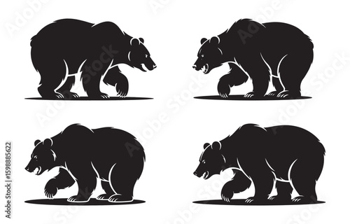 Black silhouette illustrations of various walking and growling grizzly bears on white background