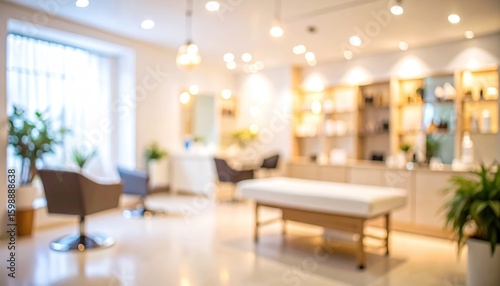 Wallpaper Mural Blurred beauty salon interior with chairs, bed, and products display. Torontodigital.ca