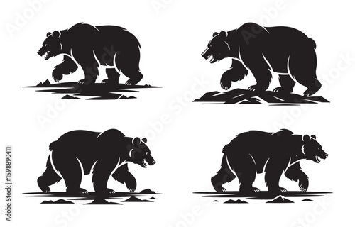 Vector silhouette illustrations of grizzly bears walking aggressively ready to hunt prey