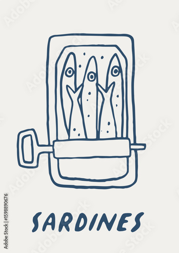 Coastal summer poster with canned sardines in whimsical Mediterranean style. Whimsy fun kitchen seafood line art sea card. Coquette hand drawn summer Portugal poster design. Lisbon vacation