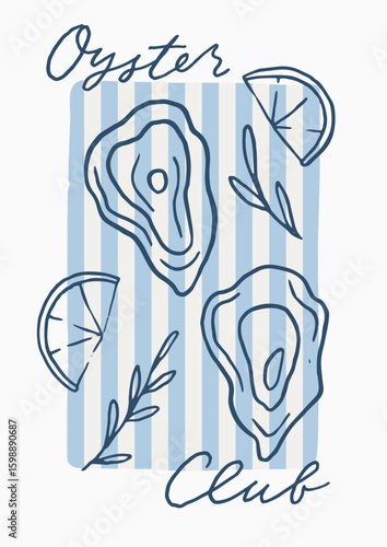 Oyster club. Coastal summer seafood kitchen poster in whimsical Mediterranean style. Whimsy fun line art blue striped sea card. Coquette hand drawn summer poster design. Italian vacation