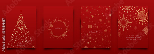 Holiday Greeting Card designs. Elegant gold Christmas elements and icons including reindeer, pine trees, snowflakes, stars... Vector Illustration.