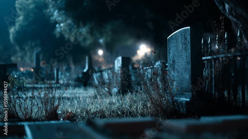 Cinematic shot of an eerie, overgrown cemetery at night