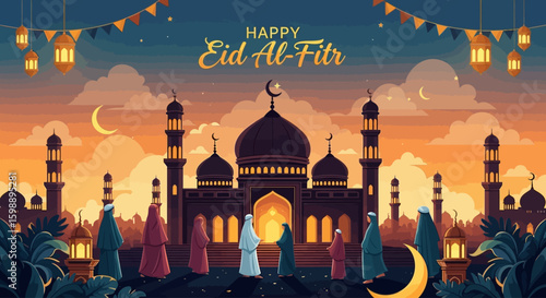Eid Al-Fitr Celebration at Sunset Mosque - Islamic Holiday Illustration