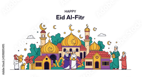 Happy Eid Al-Fitr Celebration with Mosque and Muslim Community Vector Illustration