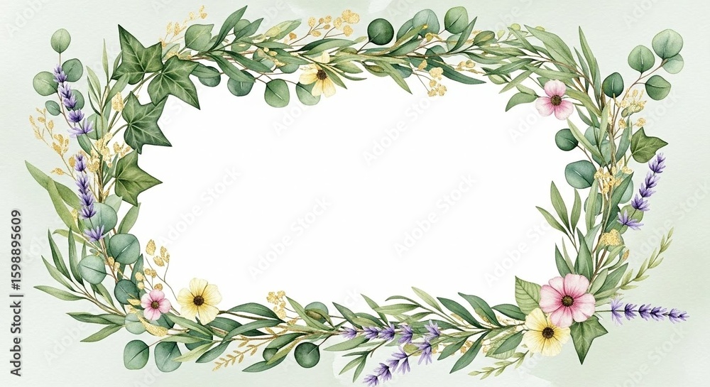 Fototapeta premium Floral frame featuring various green leaves, lavender, and small pink and yellow flowers arranged around a central white rectangular space.