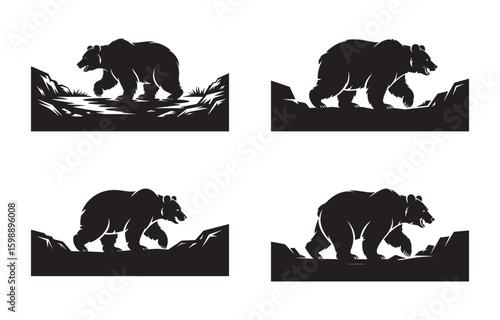 Silhouette collection of walking grizzly bears representing wilderness and hunting themes