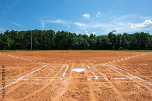 Baseball field under a clear blue sky in a rural setting during daytime with lush green trees in the background
