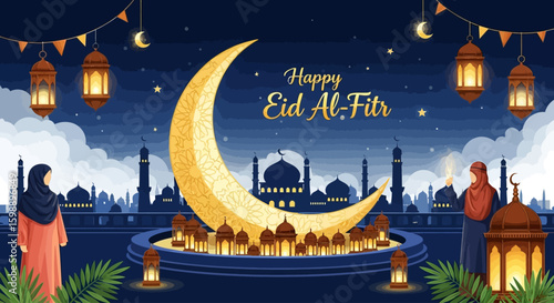 Happy Eid Al-Fitr Celebration with Mosques and Crescent Moon