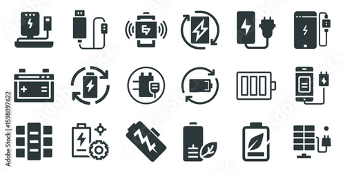 Collection of battery icons representing charging power energy storage renewable energy and electric devices