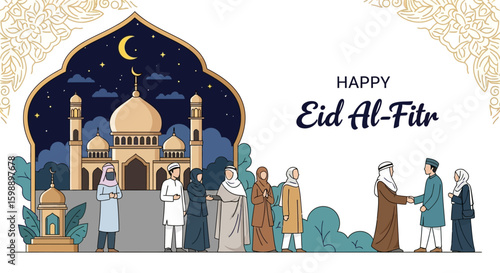 Happy Eid Al-Fitr Celebration Illustration with Mosque and Muslim Community