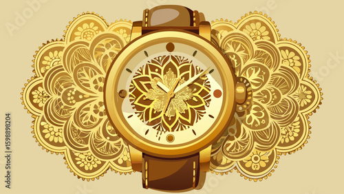 Vintage-inspired women’s wristwatch with golden casing, lace-dial design, and fine brown leather strap. Classy and nostalgic — suited for delicate, detailed vector art with white setting.


