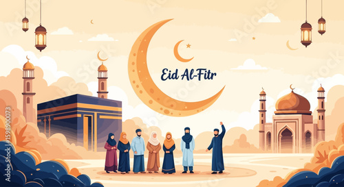 Eid Al-Fitr Celebration with Islamic Landmarks and Community