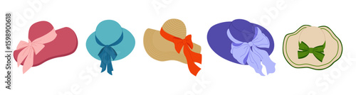 Set of spring summer hats with ribbon bows. Head wear collection for women. Beach accessory. Hand drawn vector illustration isolated on white background, modern flat cartoon style.