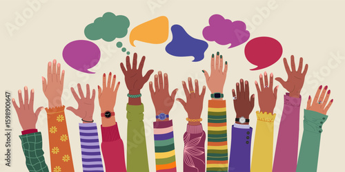 Group of diverse multiracial hands raised up and speech bubbles. Communication, opinions and idea exchange. Hand drawn vector vector illustration isolated on light background, flat cartoon style.