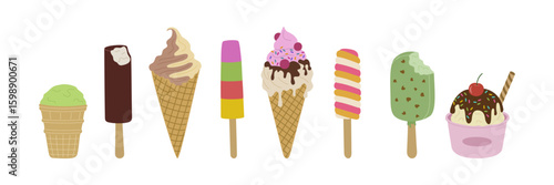 Set of various ice creams. Popsicle, waffle cones, fruit ice, sundae with nut. Sweet summer refreshing food. Hand drawn vector illustration isolated on white background, flat cartoon style.
