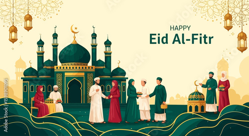 Happy Eid Al-Fitr Celebration with Muslim Community and Mosque