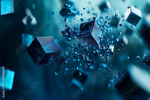 Floating Blue Cubes Abstract Arrangement with Metallic Texture and Depth of Field