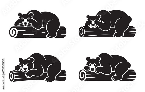Black bear sleeping on a log in different poses vector illustration design concept