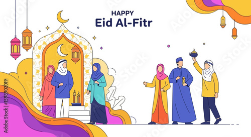 Happy Eid Al-Fitr Celebration Illustration with Muslim People and Mosque Arch
