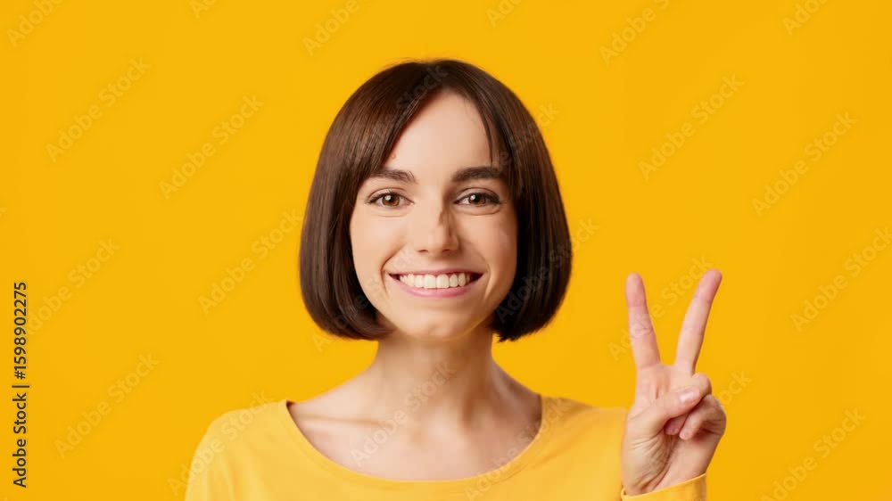 Brunette woman wearing a yellow shirt smiles broadly, raising her hand to make a peace sign. The vibrant yellow background enhances her cheerful expression and positive energy. Brunette woman wearing a yellow shirt smiles broadly, raising her hand to make a peace sign. The vibrant yellow background enhances her cheerful expression and positive energy.