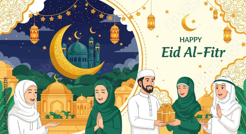 Happy Eid Al-Fitr Celebration with Muslim Family and Mosque