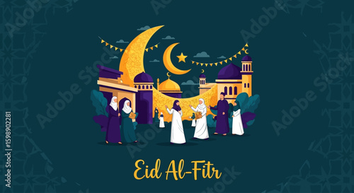Muslim Community Celebrating Eid Al-Fitr Illustration