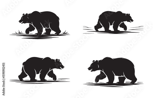 Silhouette collection of powerful grizzly bears walking in various poses across the landscape