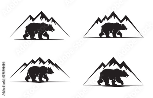 Silhouette of a grizzly bear walking in front of a mountain landscape design