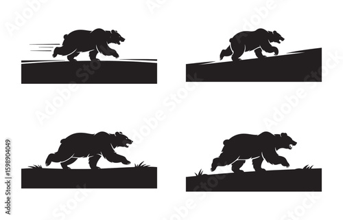 Silhouette of bears in different poses indicating running and hunting motion on various grounds