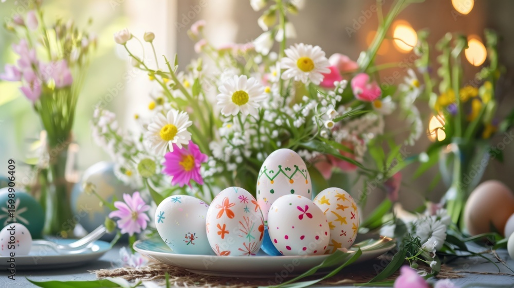 Fototapeta premium Decorated Easter Eggs with Fresh Spring Flowers on Table