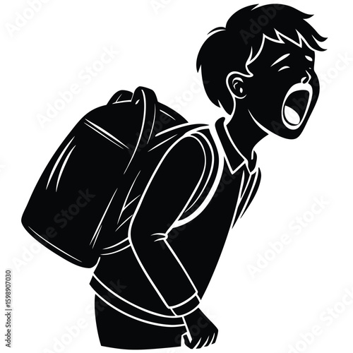 Black and white silhouette of a student yawning with a backpack