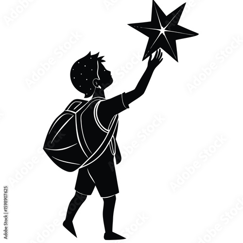 Black silhouette of a child reaching for a star vector