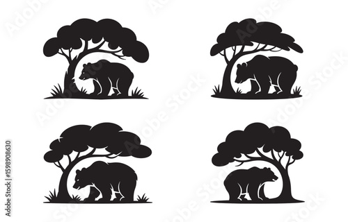 Black silhouettes of bears standing near trees in a natural forest environment set