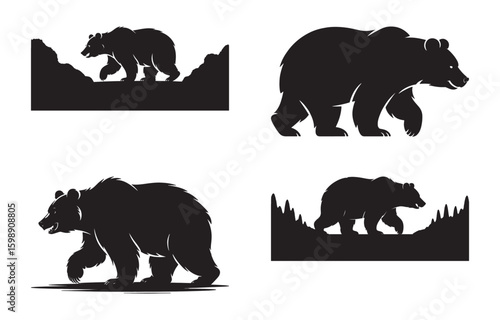 Elegant black silhouette collection of grizzly bears in various walking poses and landscapes
