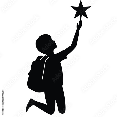 Black silhouette of child reaching for star on white background