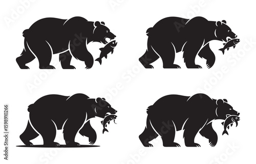Silhouette collection of grizzly bears catching fish representing nature and wildlife themes