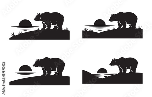 Silhouette illustration of a grizzly bear watching the sunset over a serene landscape